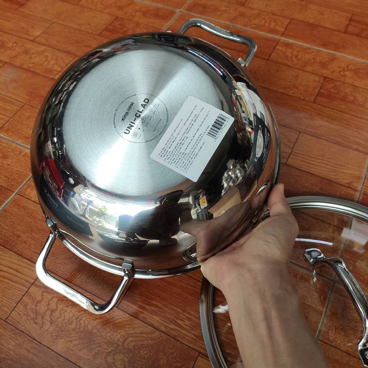 Chảo Inox 304 đúc liền 3 lớp 2 quai Kimscook Uni-Clad vung kính