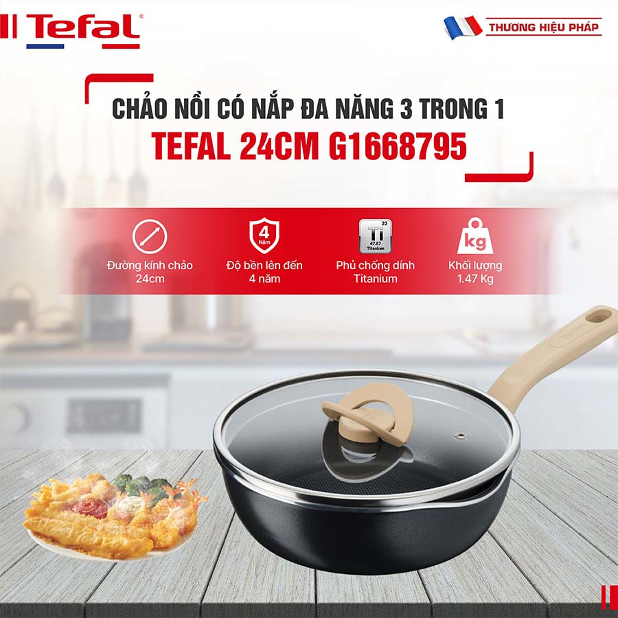 Chảo chống dính 24cm Tefal One Pick Pot Pan G1668795 đáy từ có nắp