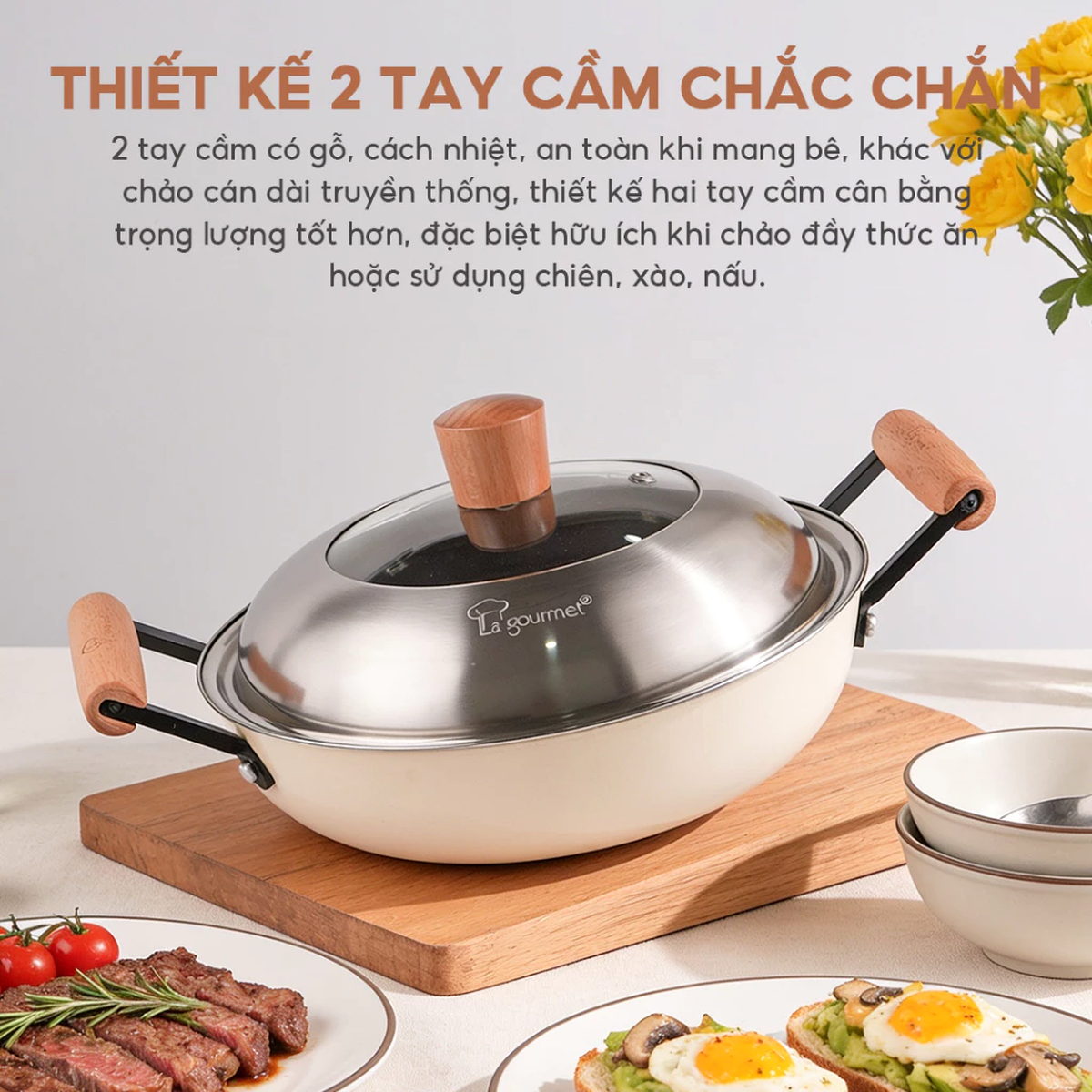Chảo gang 2 tay cầm chống dính tự nhiên Nitrigan La gourmet 32cm