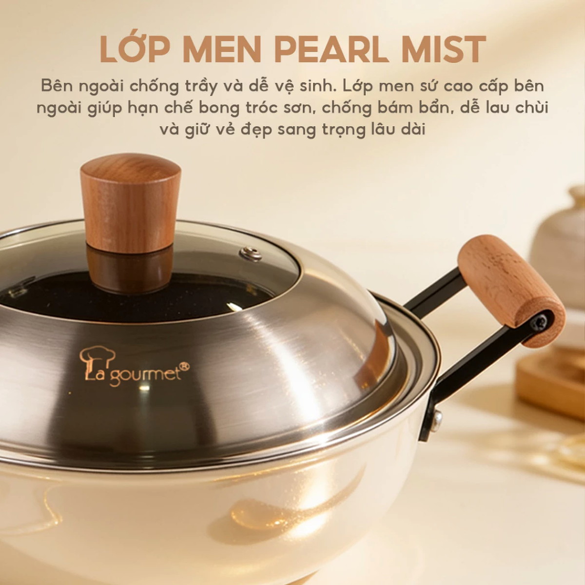 Chảo gang tráng men chống dính tự nhiên Nitrigan La gourmet 24cm kèm vung Inox