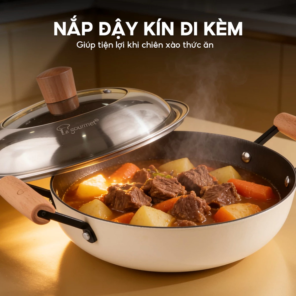 Chảo gang tráng men chống dính tự nhiên Nitrigan La gourmet 24cm kèm vung Inox