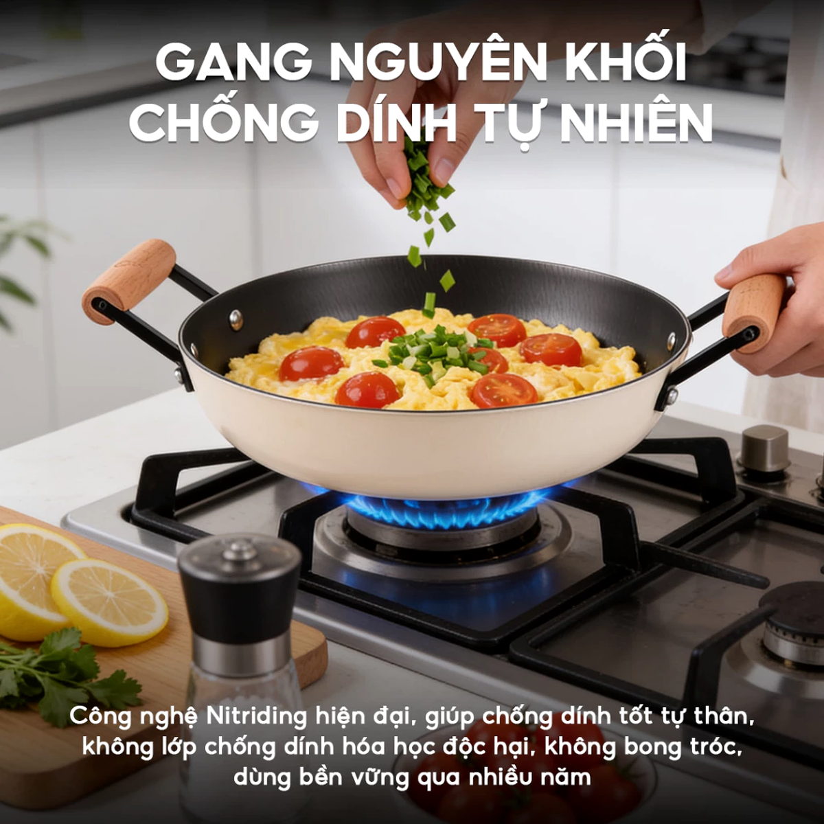 Chảo gang tráng men chống dính tự nhiên Nitrigan La gourmet 24cm kèm vung Inox