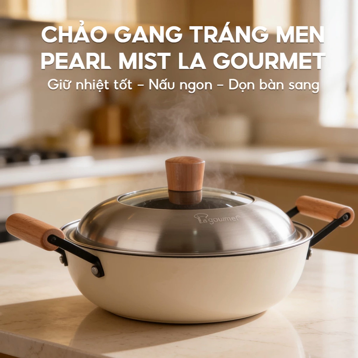 Chảo gang tráng men chống dính tự nhiên Nitrigan La gourmet 24cm kèm vung Inox
