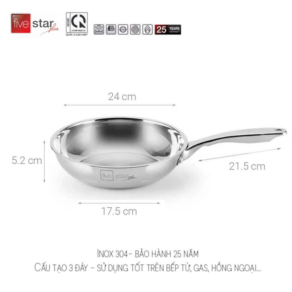 Chảo inox 304 đúc liền khối 3 lớp Fivestar Plus FPC24008