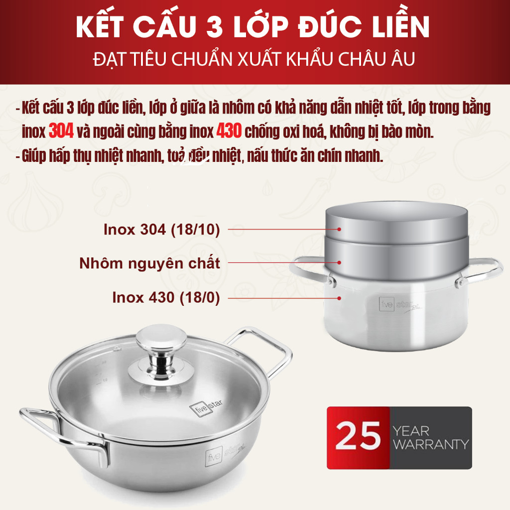 Chảo lẩu Inox 304 đúc liền khối Fivestar Plus 32cm FPCL32001