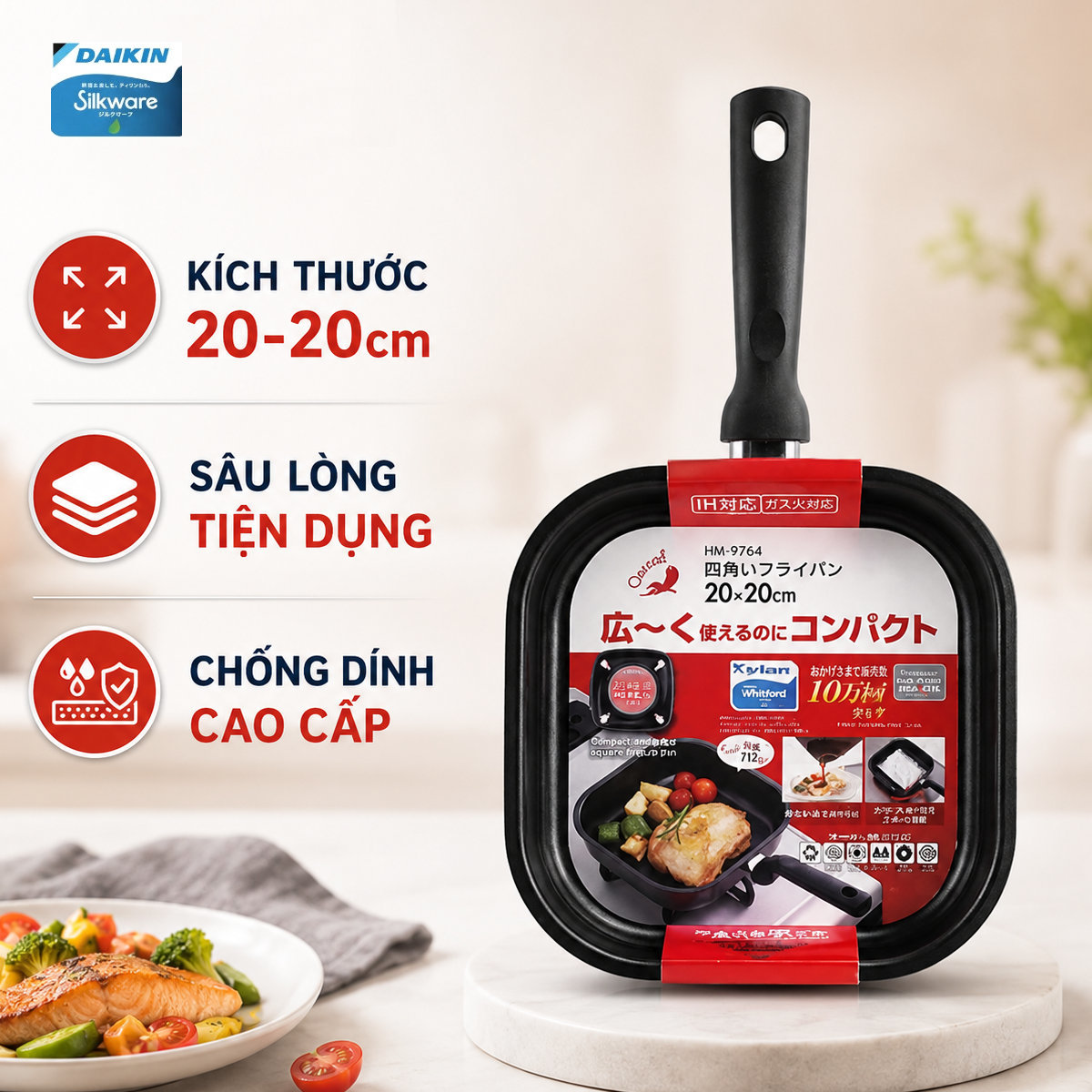 Chảo vuông chống dính cao cấp Daikin Kakusee 20cm đáy từ