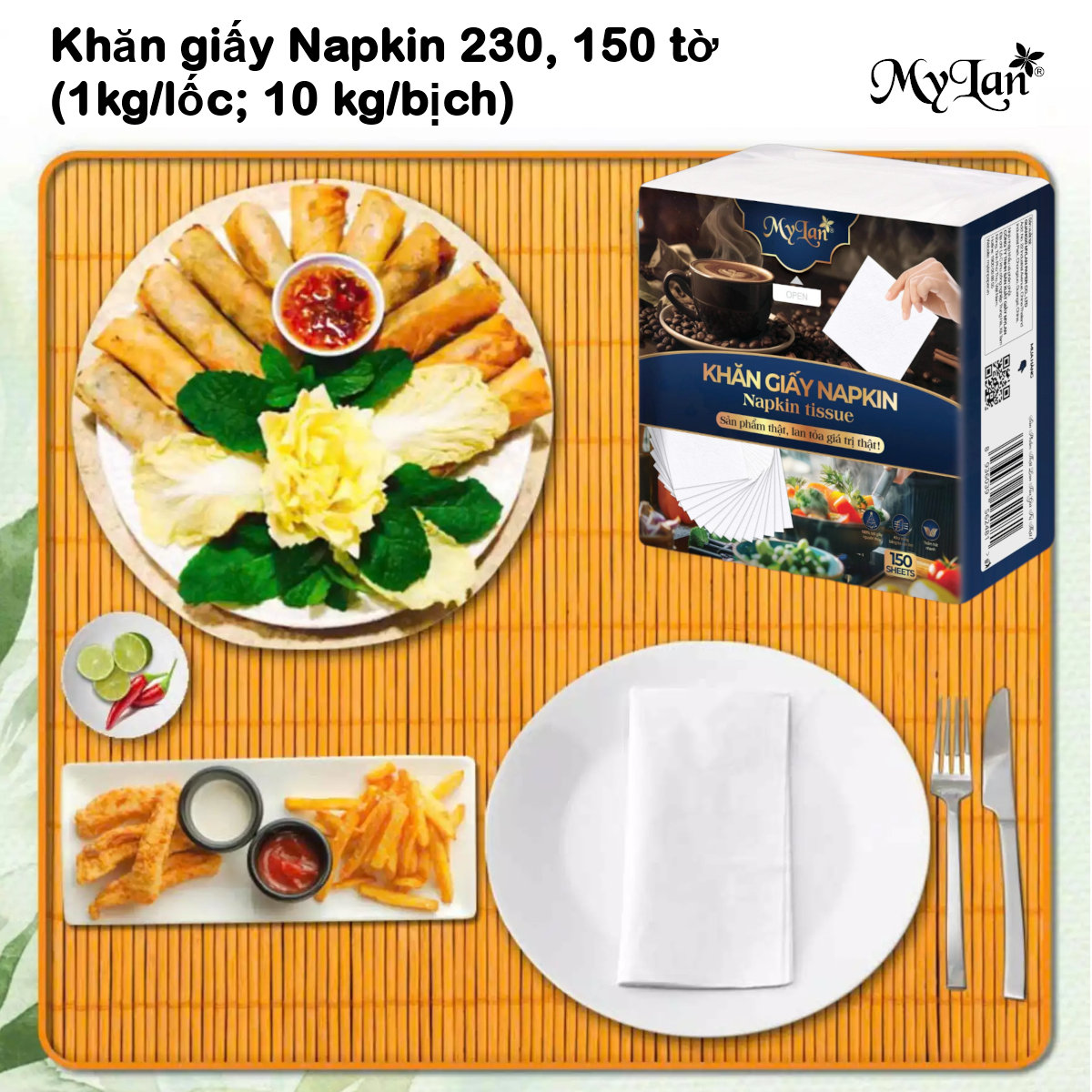 Khăn giấy Napkin Mylan 230mm 3 lớp, 150 tờ/gói