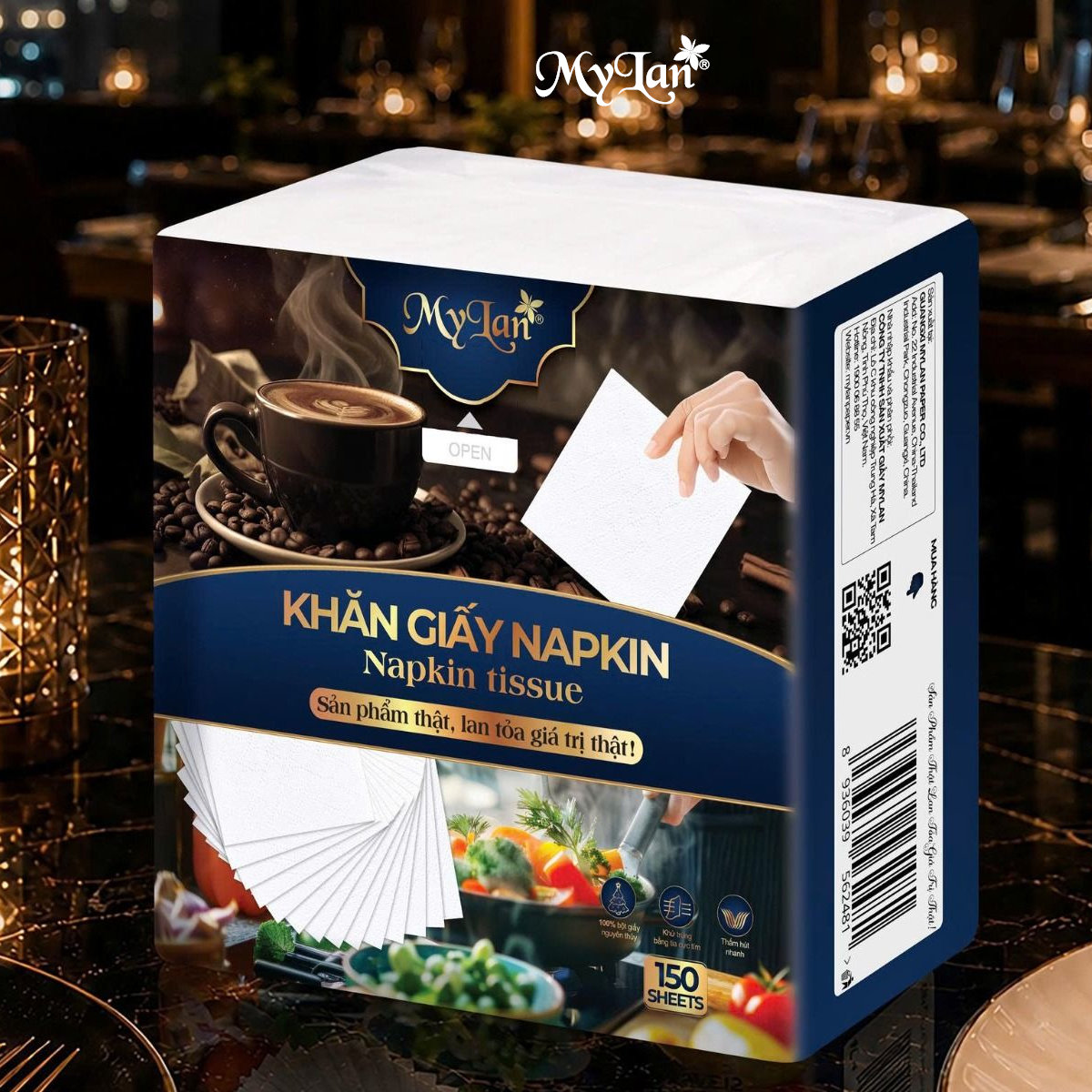 Khăn giấy Napkin Mylan 230mm 3 lớp, 150 tờ/gói