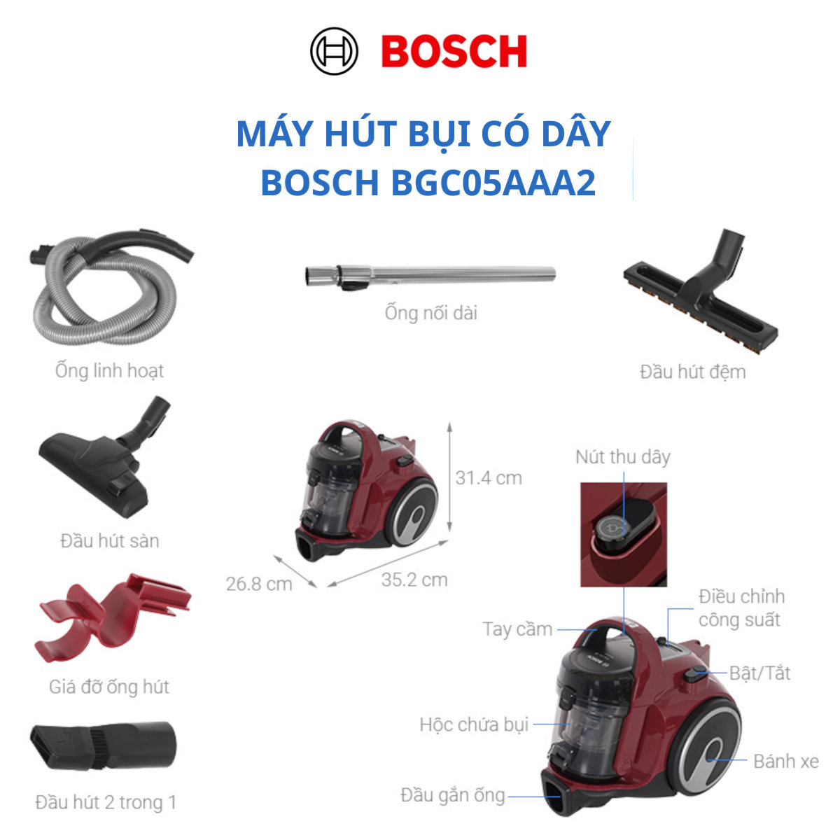 Máy hút bụi dạng hộp có dây Bosch BGC05AAA2 công suất hút 10000 Pa