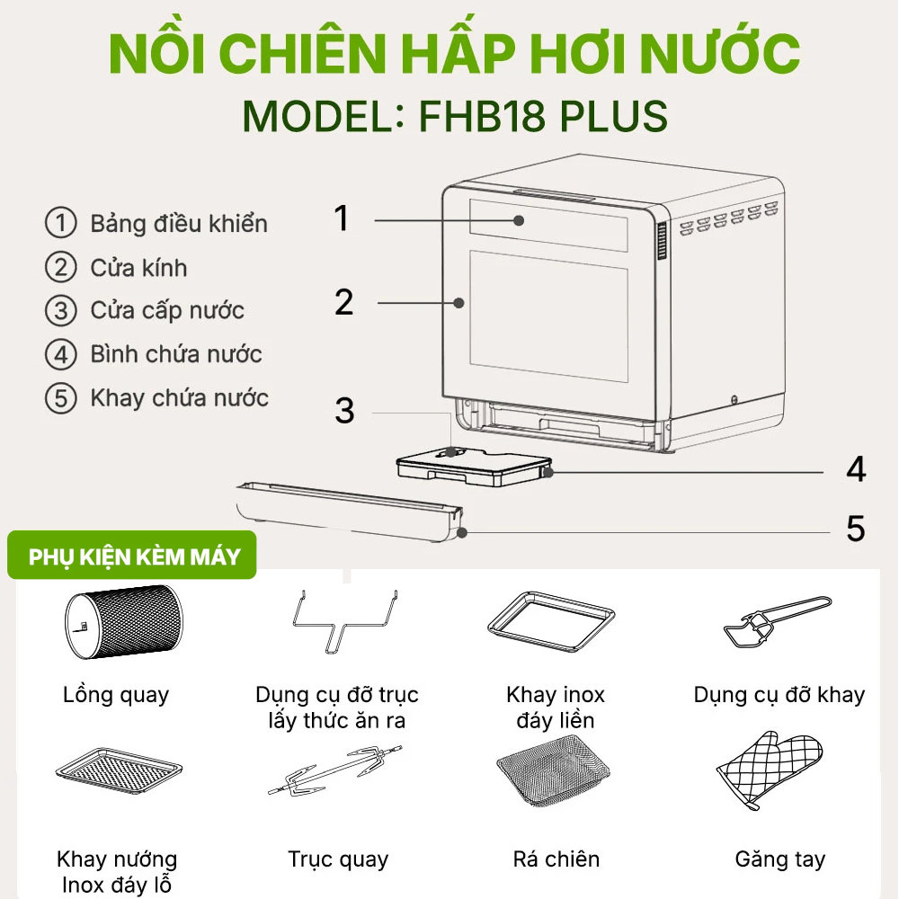 Nồi chiên hấp hơi nước Habibullet Vitasteam FHB18 PLUS dung tích 18L