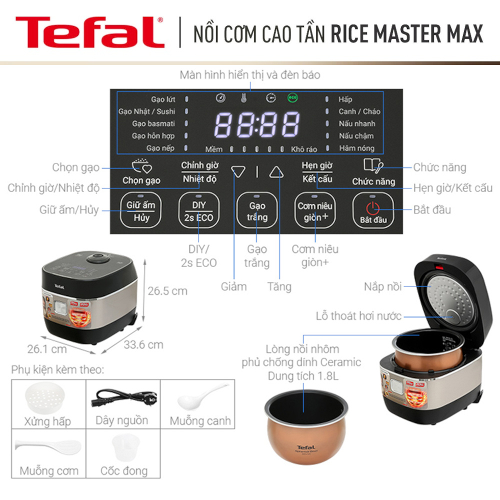 Nồi cơm điện cao tần 1.8L Tefal Rice Master 3D Max RK819868