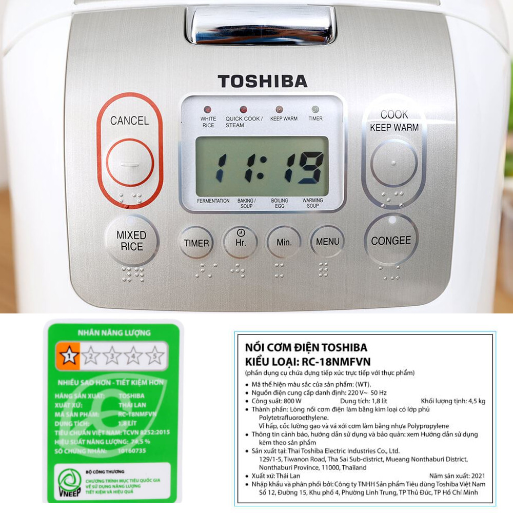 Nồi cơm điện tử 1.8L Toshiba RC-18NTFV(W) Made in Thailand