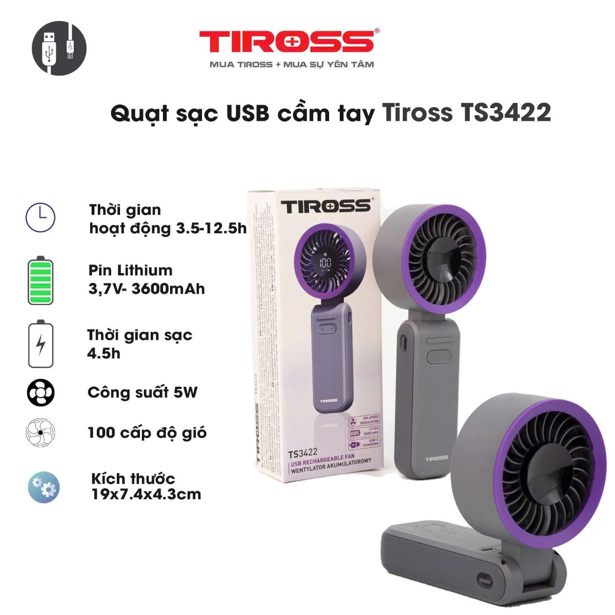 Quạt tích điện cầm tay USB Tiross TS3422, Pin 3600mAh chính hãng