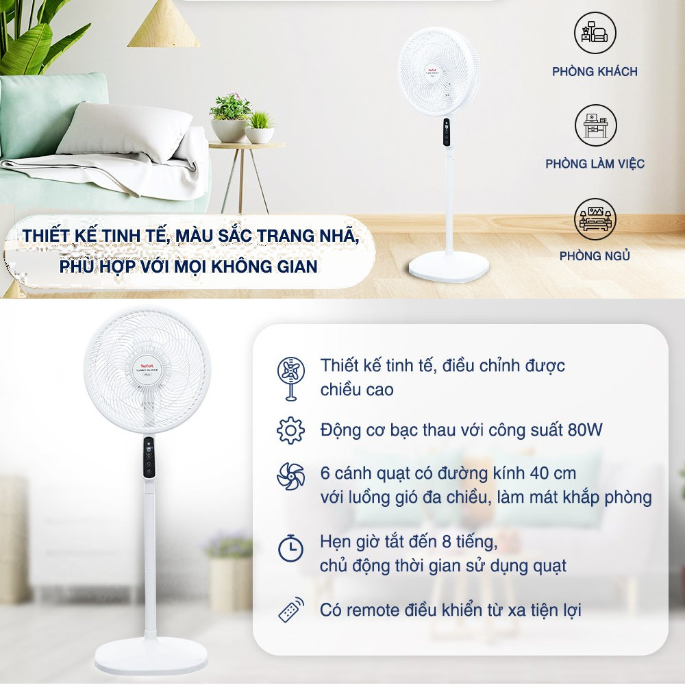 Quạt cây 6 cánh Tefal Turbo Silence Plus 80W VH689690 kèm khiển từ xa