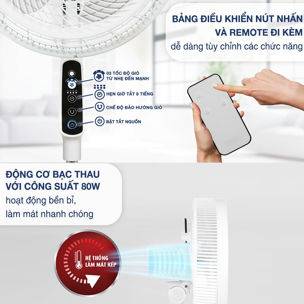 Quạt cây 6 cánh Tefal Turbo Silence Plus 80W VH689690 kèm khiển từ xa