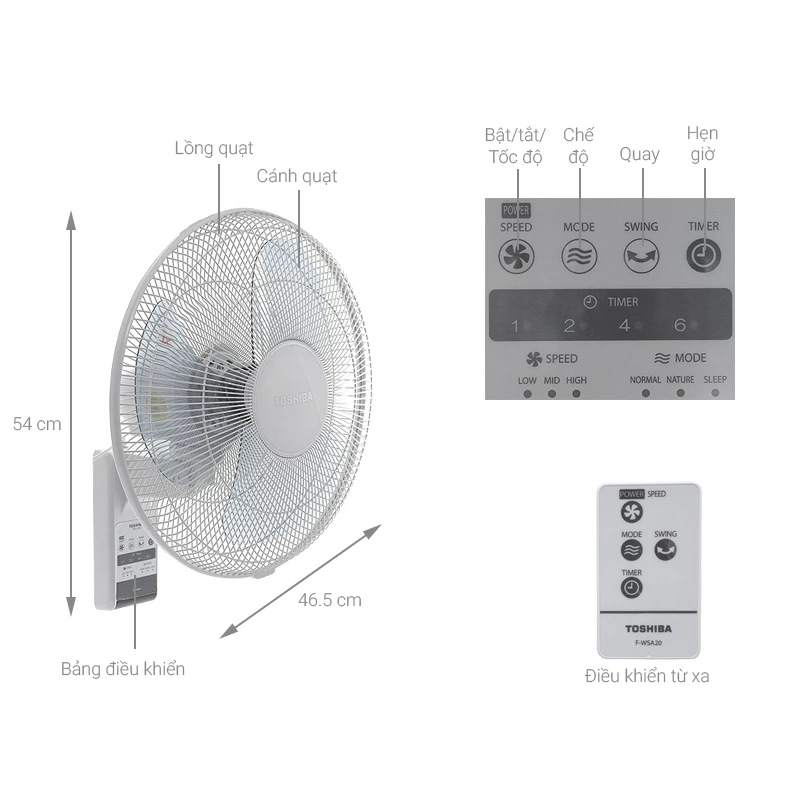 Quạt treo tường Toshiba F-WSA20(H)VN 3 cánh 3 tốc độ gió kèm khiển từ xa