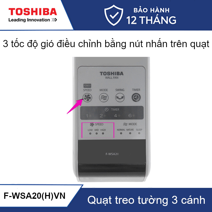 Quạt treo tường Toshiba F-WSA20(H)VN 3 cánh 3 tốc độ gió kèm khiển từ xa