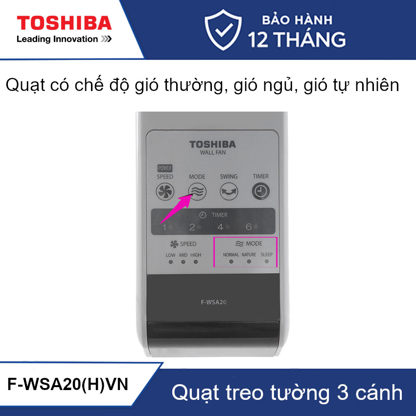 Quạt treo tường Toshiba F-WSA20(H)VN 3 cánh 3 tốc độ gió kèm khiển từ xa