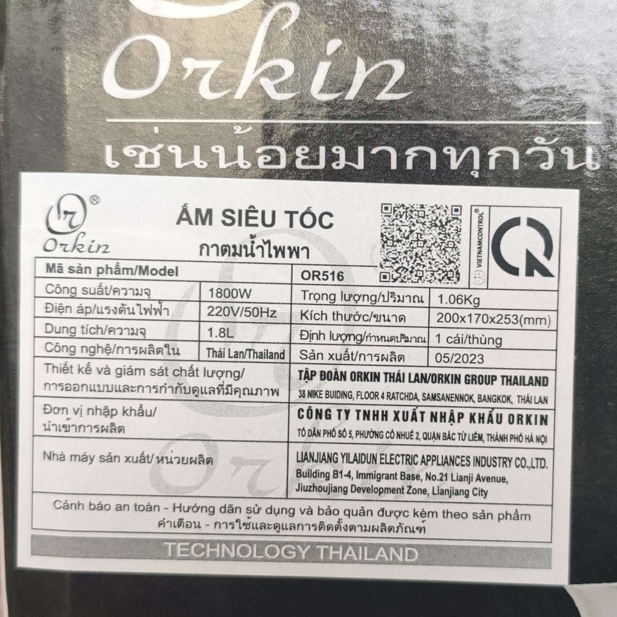Ấm đun siêu tốc Inox 304 Orkin OR516 dung tích 1.8L 1800W hàng Thái