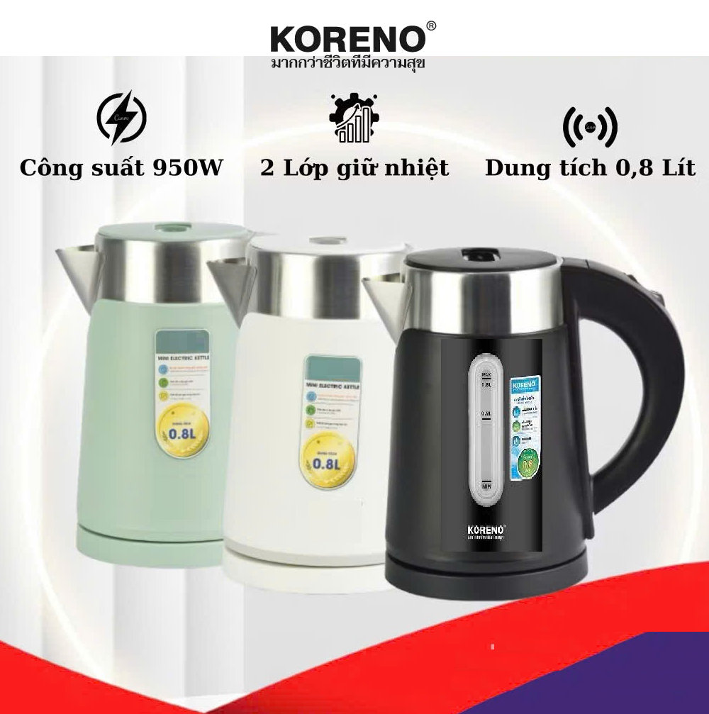 Ấm siêu tốc mini Inox 304 Koreno Thái Lan KN-208 dung tích 0.8L