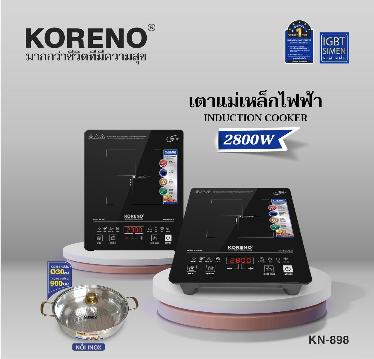 Bếp điện từ Koreno Thái Lan KN-898 công suất 2800W, bảo hành 12 tháng
