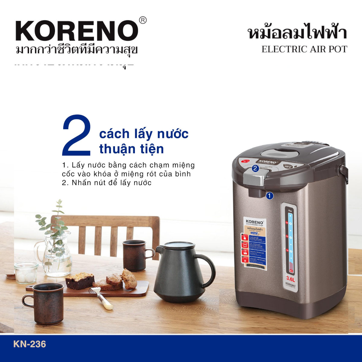 Bình thủy điện Koreno Thái Lan KN-236 dung tích 3.6L