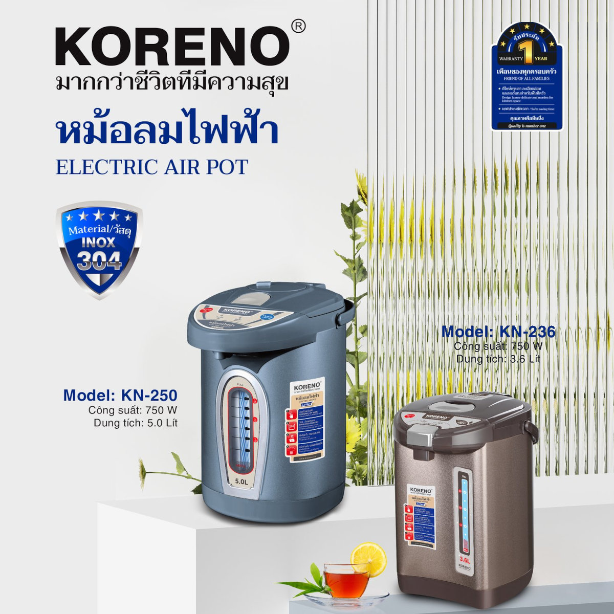 Bình thủy điện Koreno Thái Lan KN-236 dung tích 3.6L