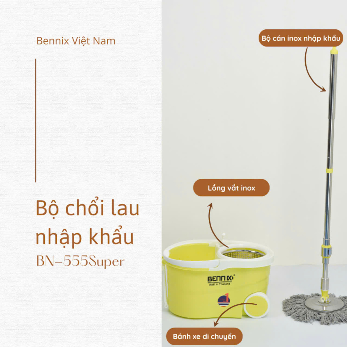 Bộ cây lau nhà Inox nhập khẩu Bennix Thái Lan BN-555SUPER