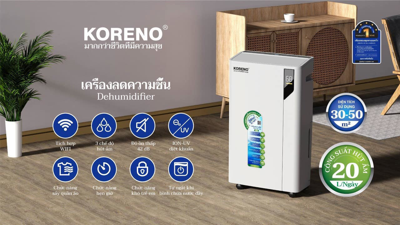 Máy hút ẩm lọc không khí Koreno Thái Lan dung tích 20L/ngày, bảo hành 24 tháng