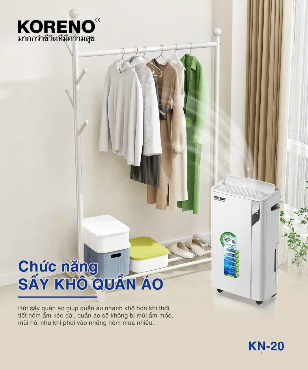 Máy hút ẩm lọc không khí Koreno Thái Lan dung tích 20L/ngày, bảo hành 24 tháng