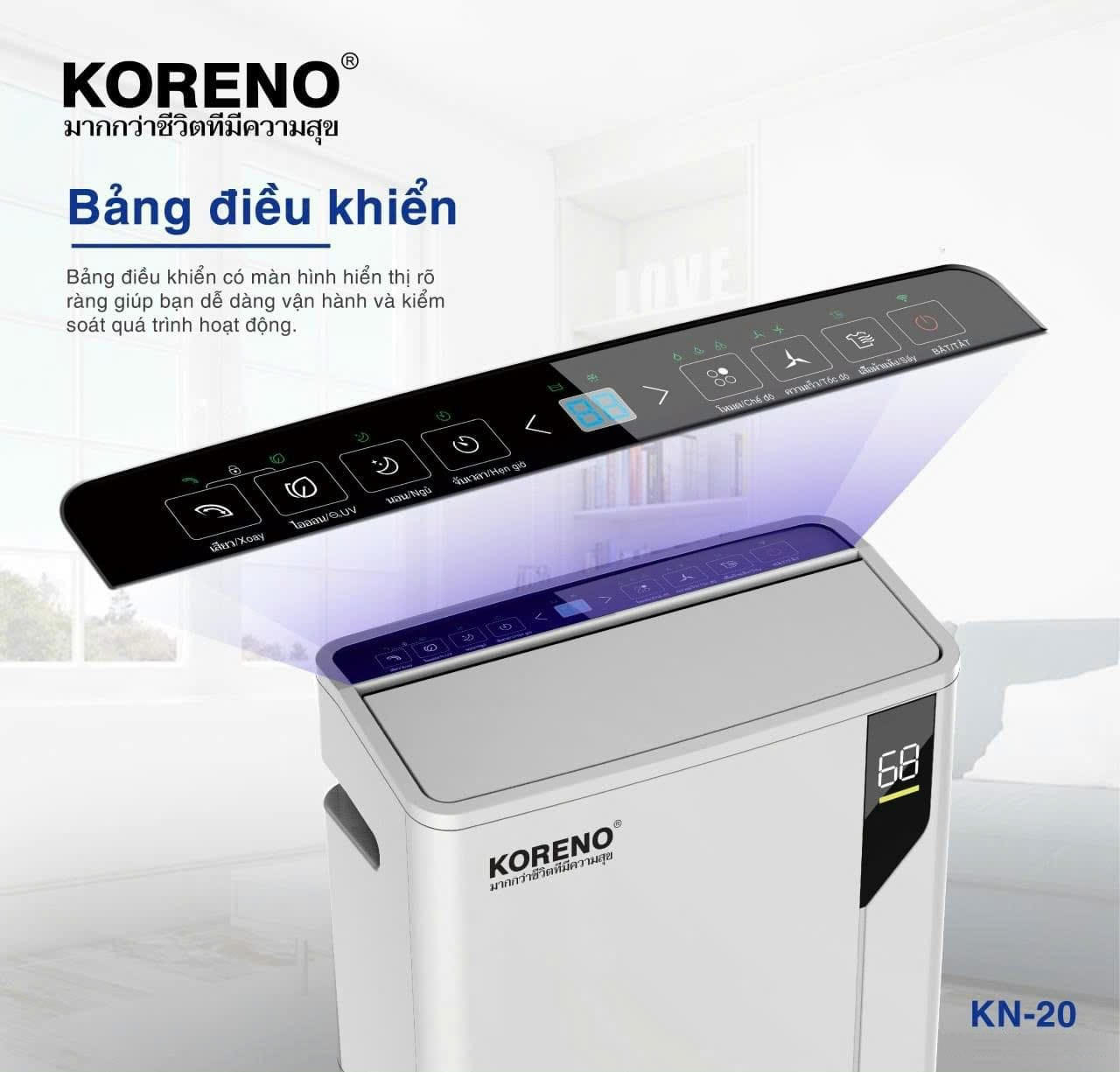 Máy hút ẩm lọc không khí Koreno Thái Lan dung tích 20L/ngày, bảo hành 24 tháng