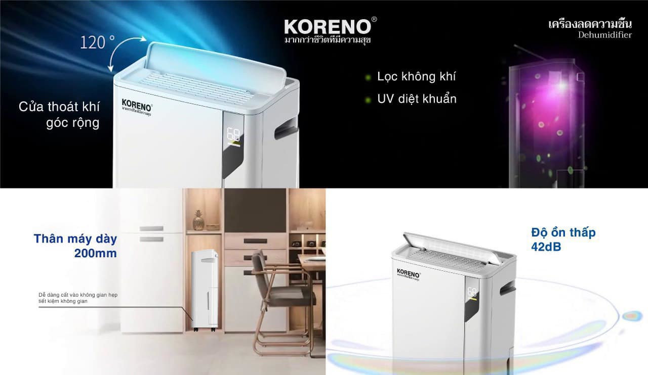 Máy hút ẩm lọc không khí Koreno Thái Lan dung tích 20L/ngày, bảo hành 24 tháng