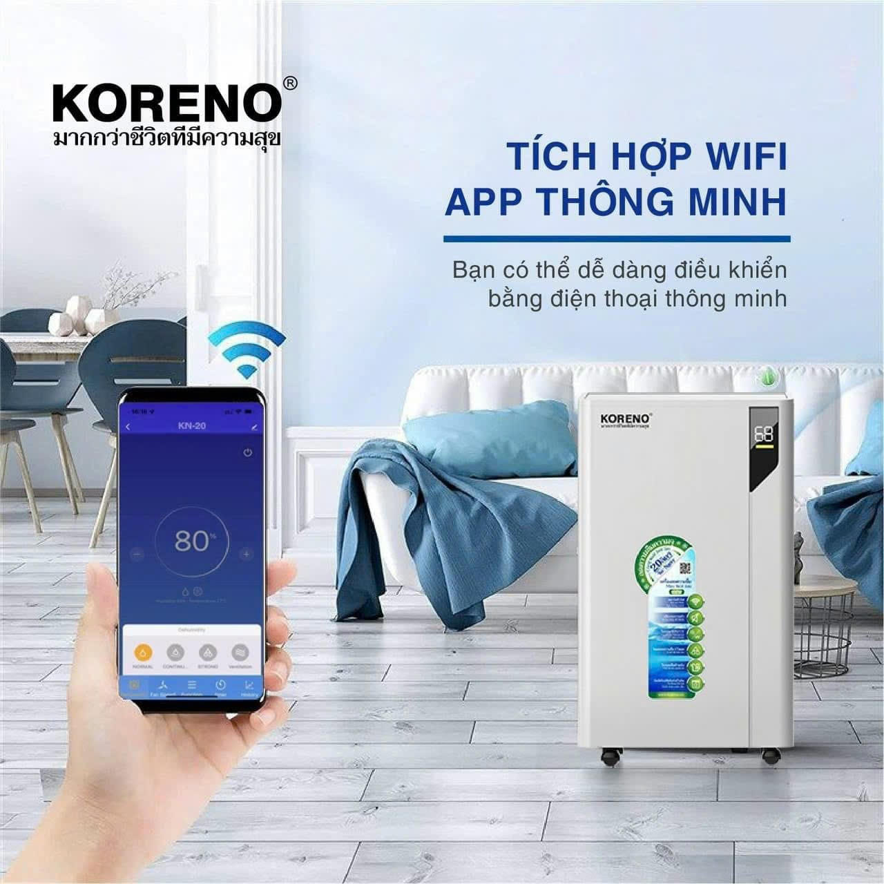 Máy hút ẩm lọc không khí Koreno Thái Lan dung tích 20L/ngày, bảo hành 24 tháng