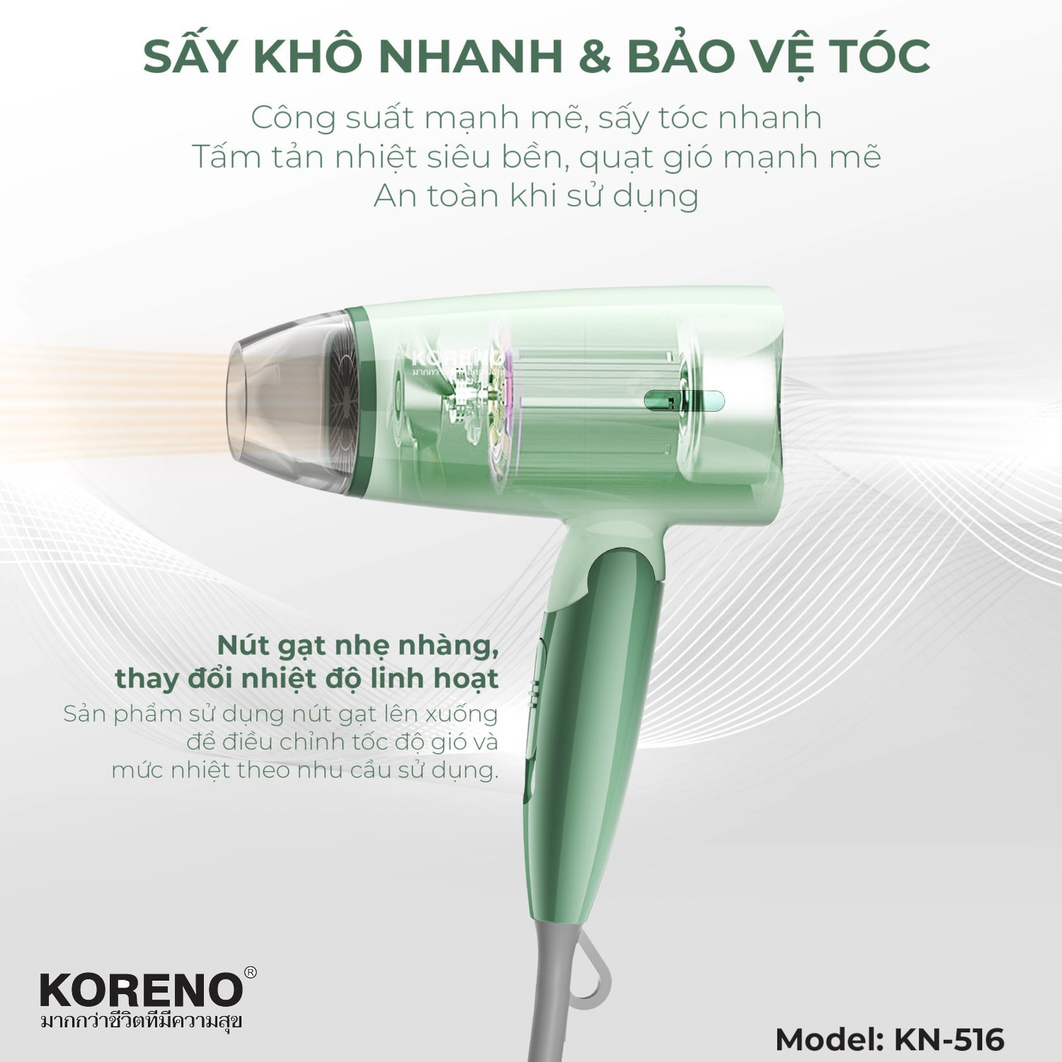 Máy sấy tóc mini gấp gọn Koreno Thái Lan KN-516 công suất 1300W