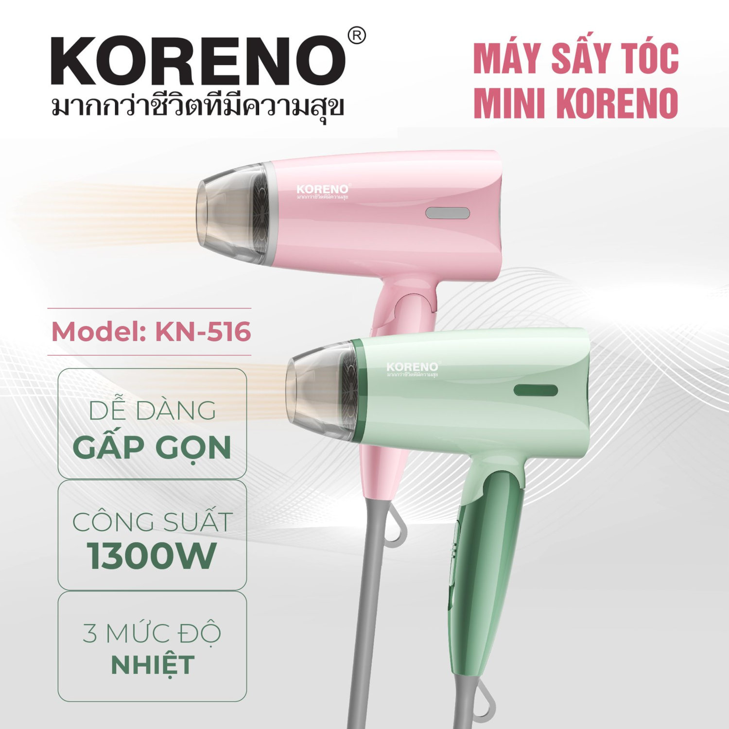 Máy sấy tóc mini gấp gọn Koreno Thái Lan KN-516 công suất 1300W