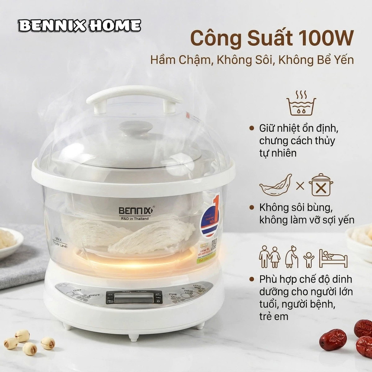 Nồi nấu chậm, chưng yến đa năng 0.7L Bennix BN-07SLC