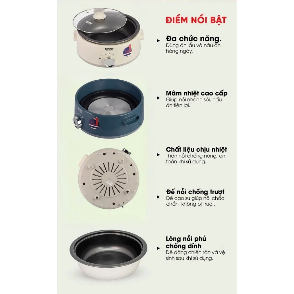 Nồi lẩu điện 5L Bennix Thái Lan BN-538EGP công suất 1500W