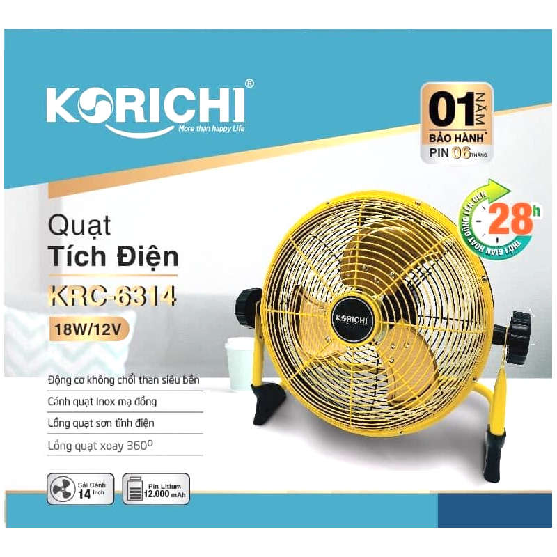 Quạt tích điện Korichi KRC-6314 cánh 14 inch, pin Lithium-ion 12000mAh