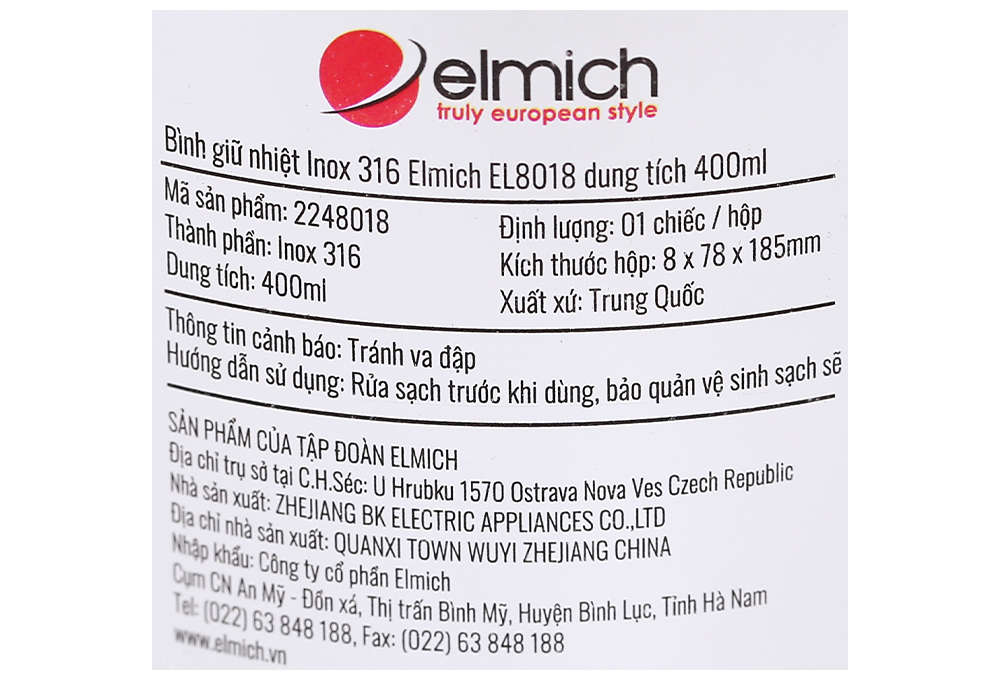Bình giữ nhiệt Inox 316 Elmich EL8018 dung tích 400ml