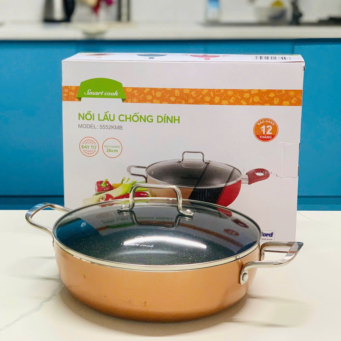 Nồi chống dính vân đá 2 lớp Whitford Smartcook 26cm đáy từ, vung kính