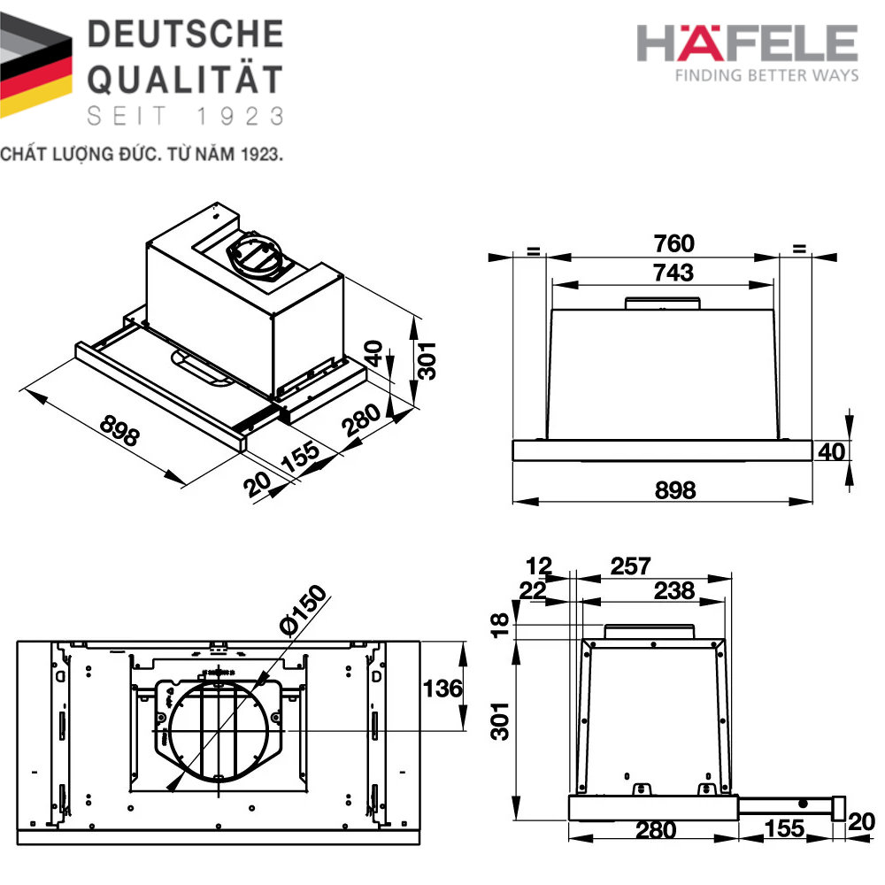 Máy hút mùi âm tủ Hafele HH-TG90E 90cm (539.81.075) xuất xứ Italy