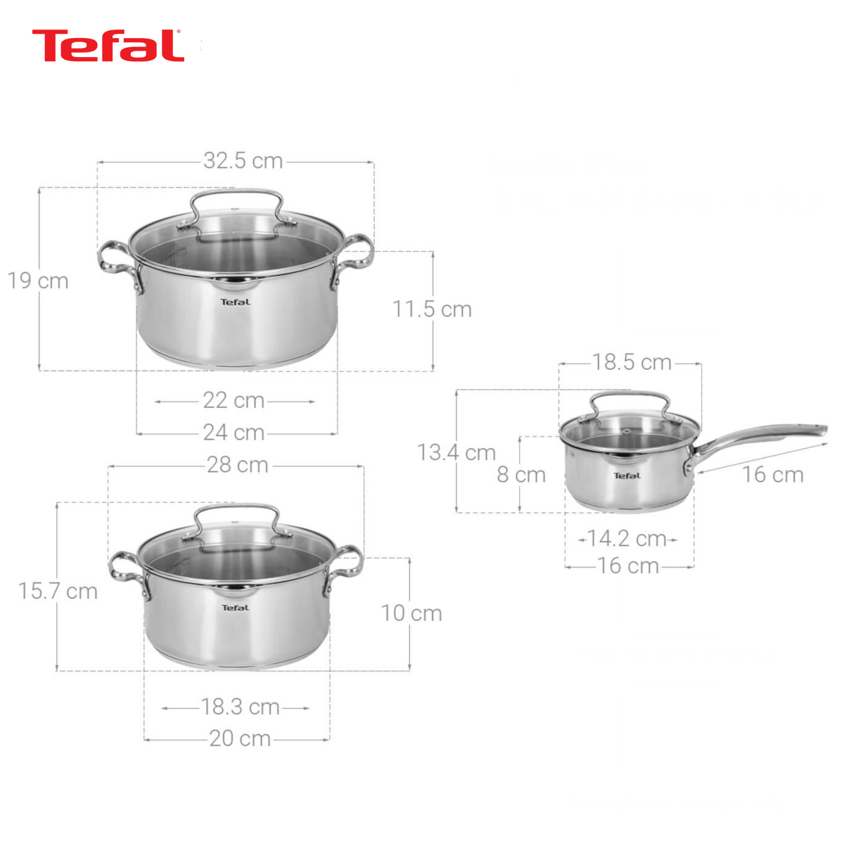 Bộ 3 nồi inox 304 cao cấp Tefal Duetto Plus size 16,20,24cm bảo hành 24 tháng