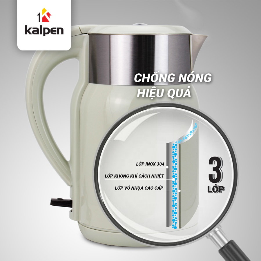 Ấm siêu tốc Inox 304 Kalpen 2200W dung tích 1.8L ủ ấm KK68