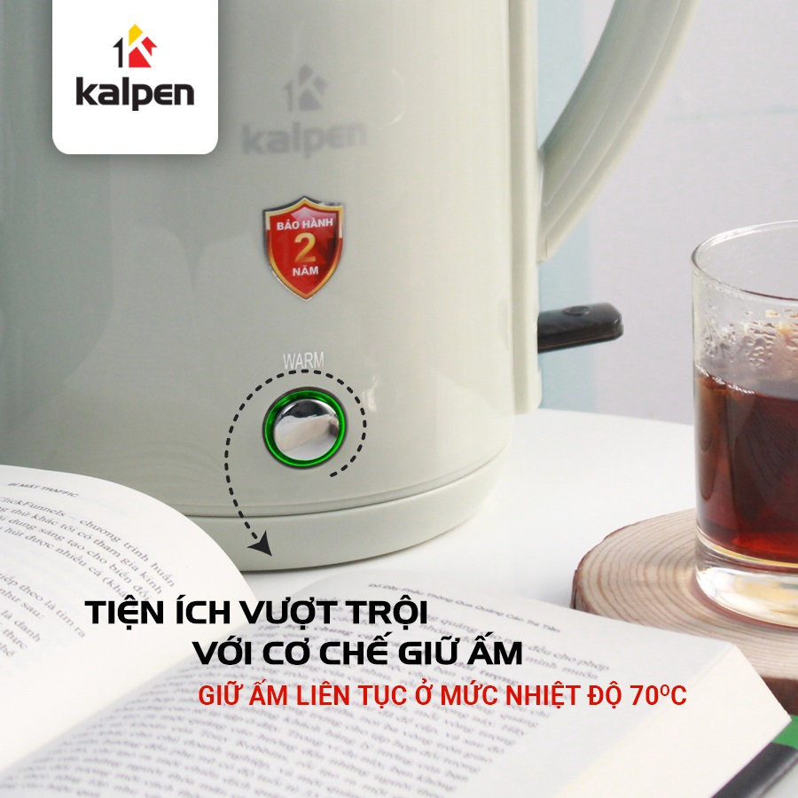 Ấm siêu tốc Inox 304 Kalpen 2200W dung tích 1.8L ủ ấm KK68