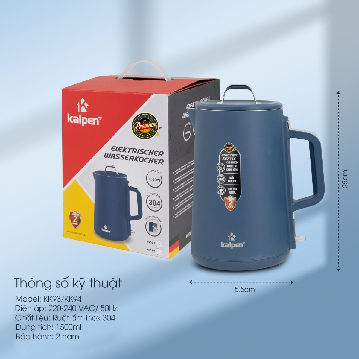 Ấm đun nước siêu tốc Inox 304 Kalpen KK93 dung tích 1.8L công suất 1800W