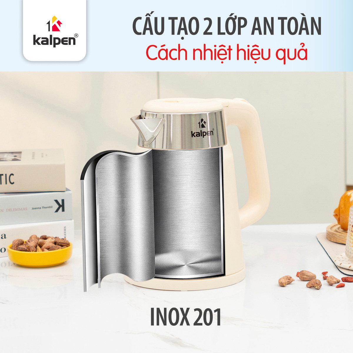 Ấm siêu tốc 2 lớp Inox 201 Kalpen 1.8L 1800W