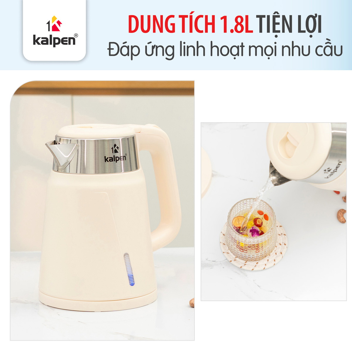 Ấm siêu tốc 2 lớp Inox 201 Kalpen 1.8L 1800W