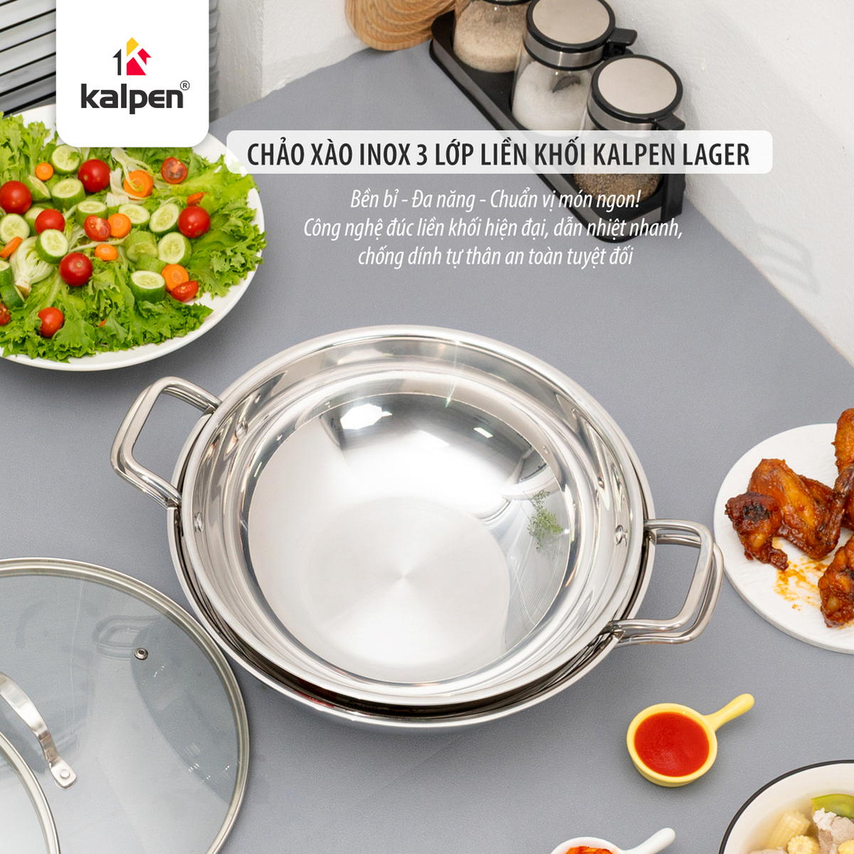Chảo xào Inox 304 đúc liền khối 3 lớp Kalpen Lager 30cm