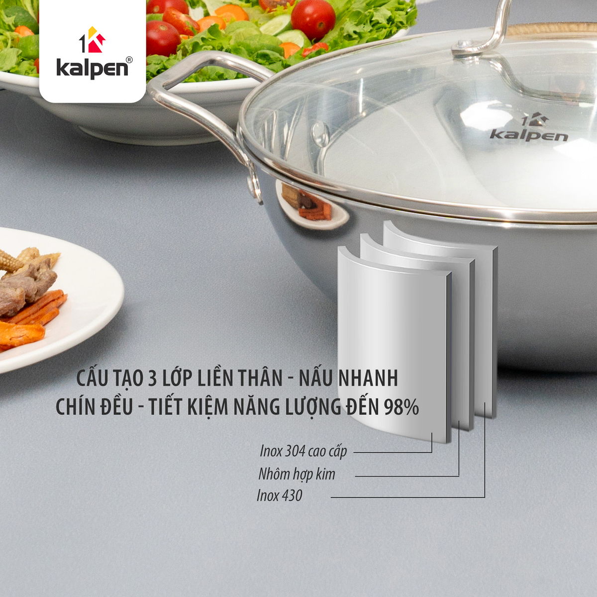 Chảo xào Inox 304 đúc liền khối 3 lớp Kalpen Lager 30cm