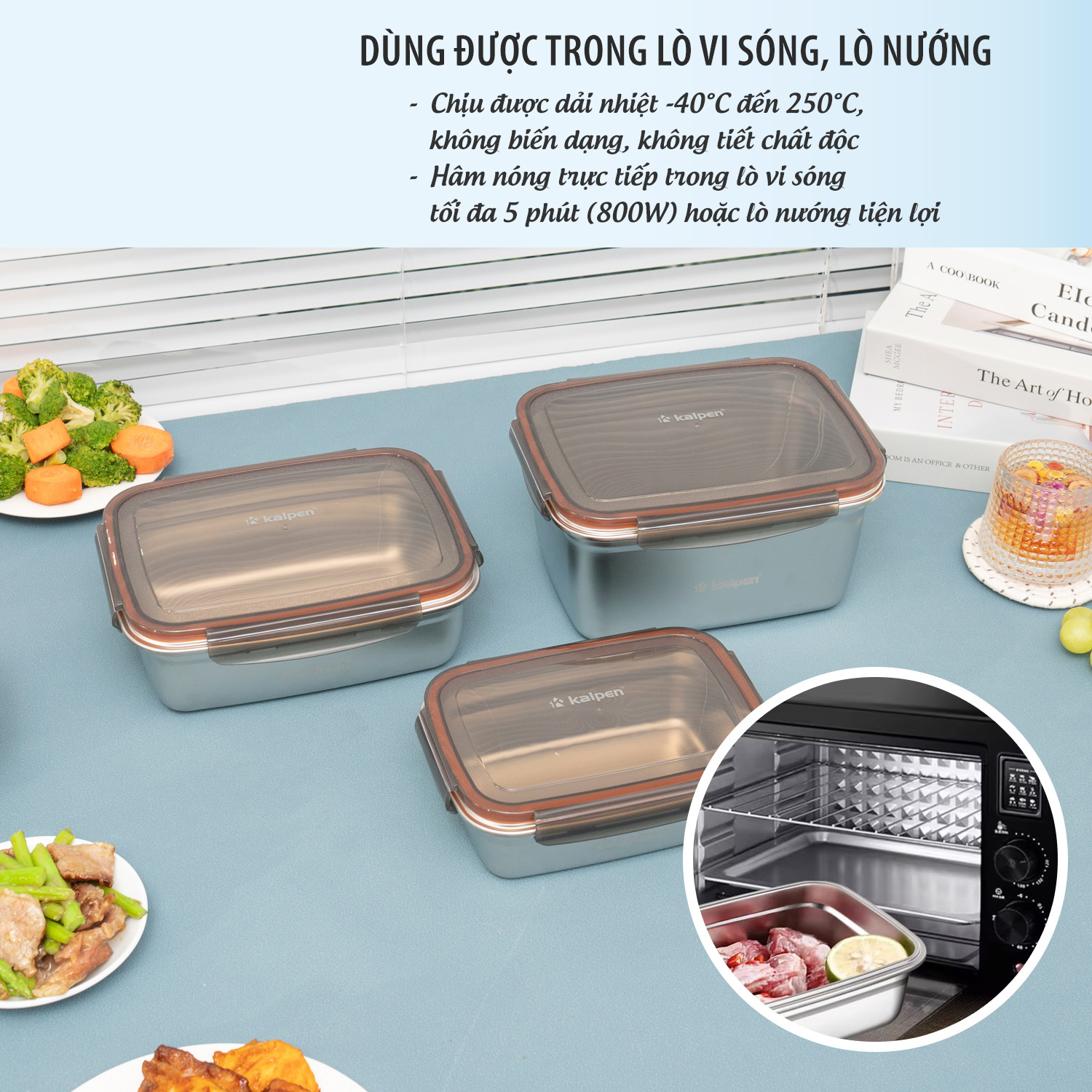 Hộp bảo quản thực phẩm Inox 304 Kalpen dùng trong lò vi sóng